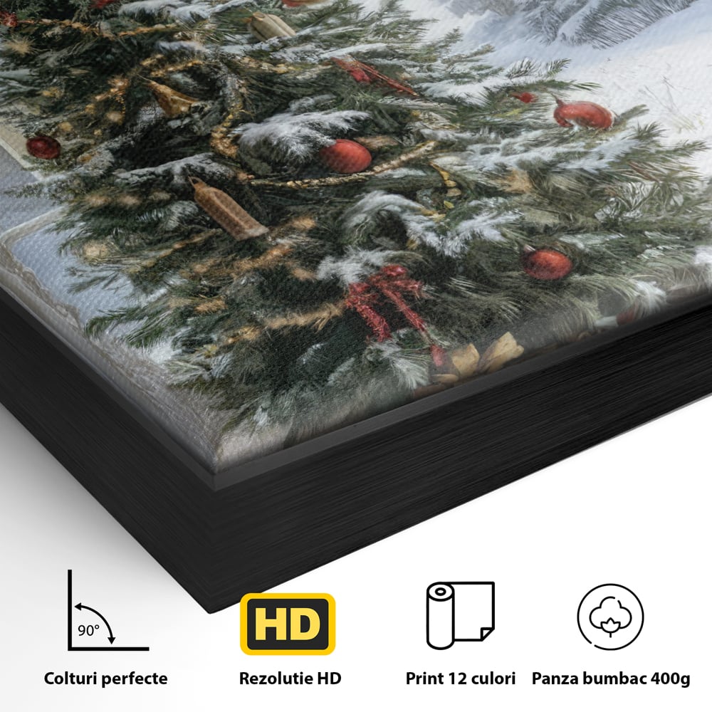 Detaliu al suprafetei: tablou canvas cu brad de craciun si cadouri, in rama de aluminiu negru